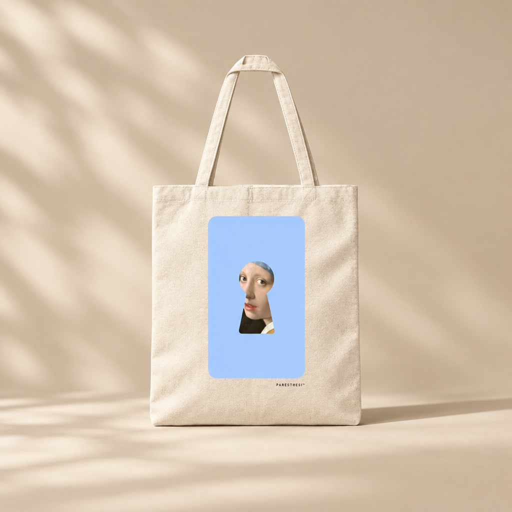 A natural canvas tote bag with a central graphic print featuring the famous Vermeer portrait of 'Girl with a Pearl Earring'. The bag is photographed on a warm beige surface with soft diagonal shadows cast across it.