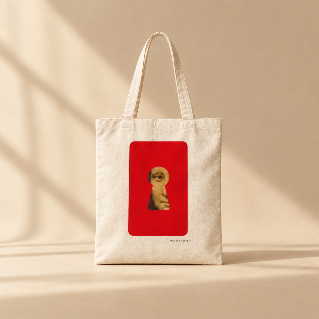 An off-white canvas tote bag with two handles, featuring a prominent red rectangular graphic on the front with Mona Lisa's face peeking out. The bag is photographed on a warm beige surface with soft diagonal shadows cast across it.