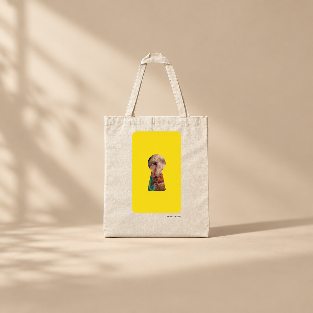 A cream canvas tote bag with a bright yellow rectangular graphic on the front, featuring a colorful keyhole-shaped illustration of Vincent Van Gogh face. The bag is photographed on a warm beige background with soft leaf shadows cast across it.
