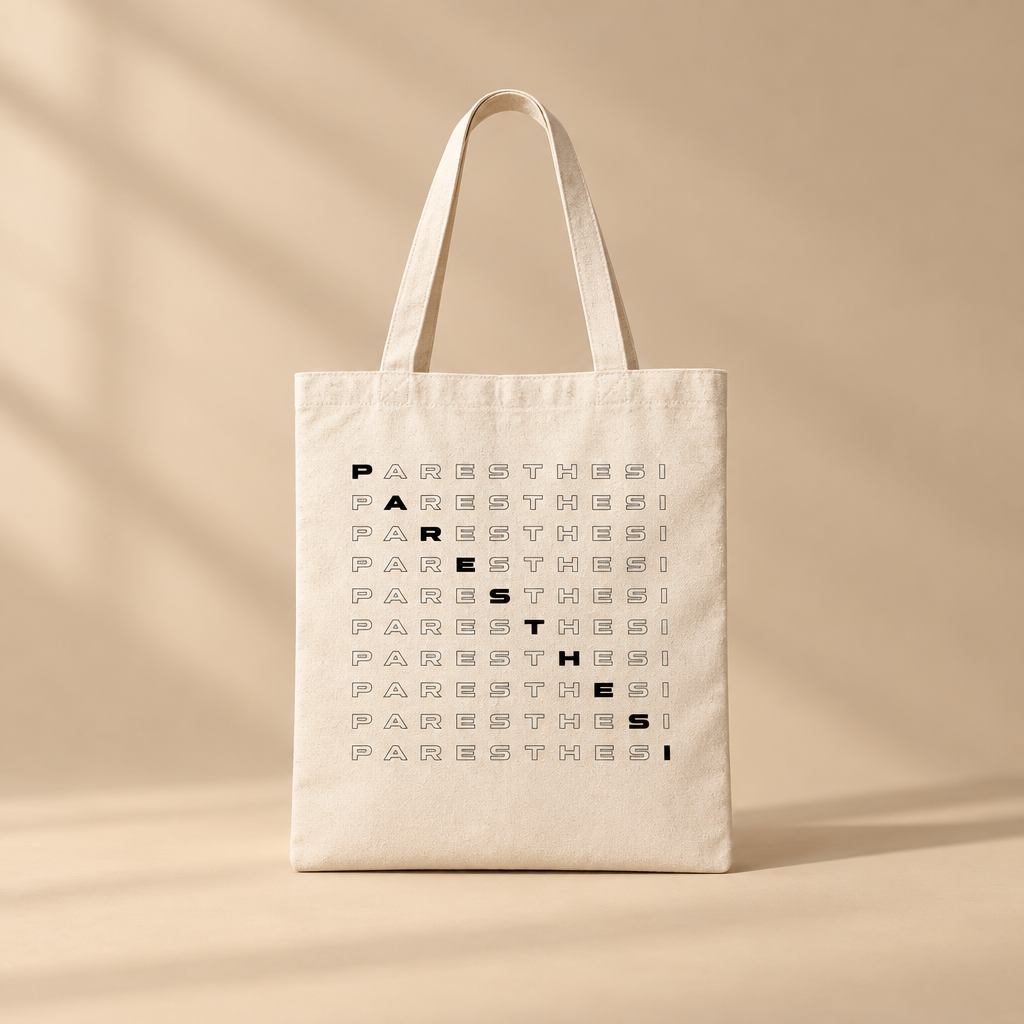 An off-white canvas tote bag with double shoulder straps, featuring a minimalist black typographic design spelling 'PARESTHESI' in a grid pattern, set against a solid white background.