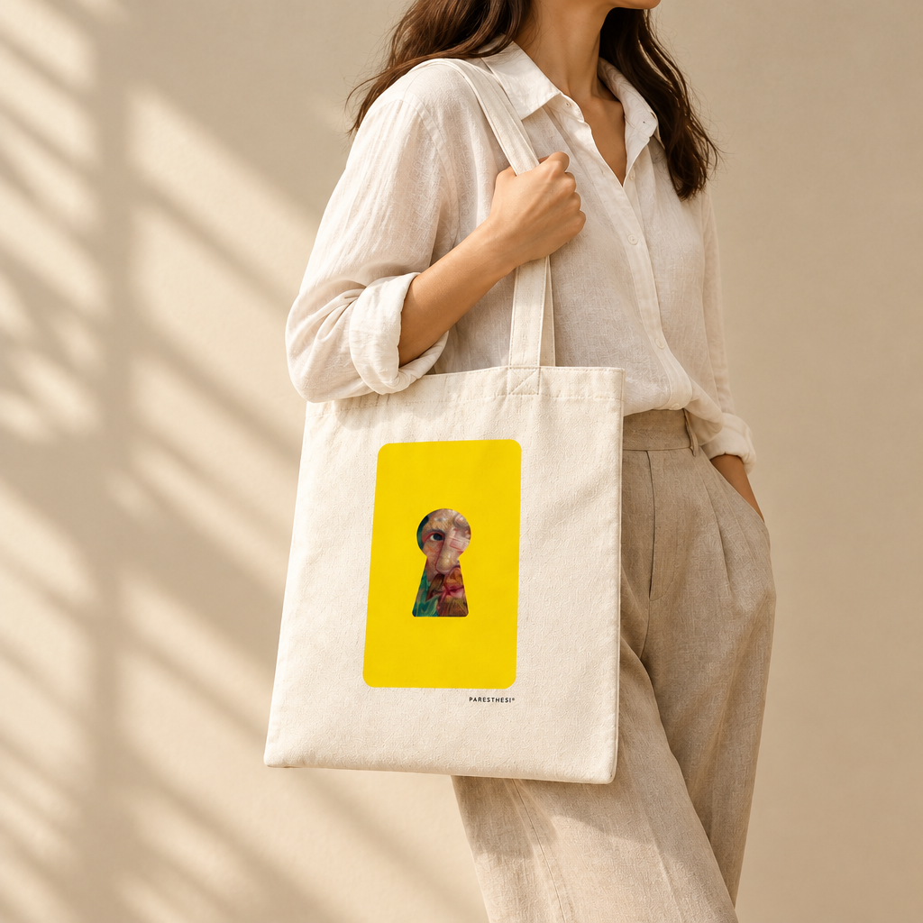 A woman in a cream shirt and beige pants carries a cream canvas tote bag with a bright yellow rectangular graphic featuring a colorful Van Gogh portrait. The background is a warm beige wall with soft window shadow patterns.