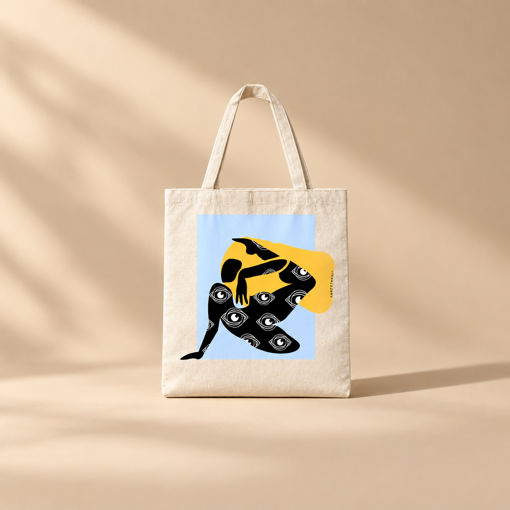 A cream canvas tote bag with a graphic print of a black figure with Paresthesi symbol on a pattern on a light blue and background, set against a warm beige backdrop with soft leaf shadows.