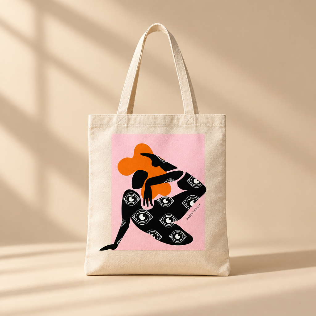 A natural canvas tote bag with a square graphic print on the front. The print features a stylized illustration of a seated black figure with PARESTHESI symbol patterns, set against a light pink background with an orange abstract shape above.