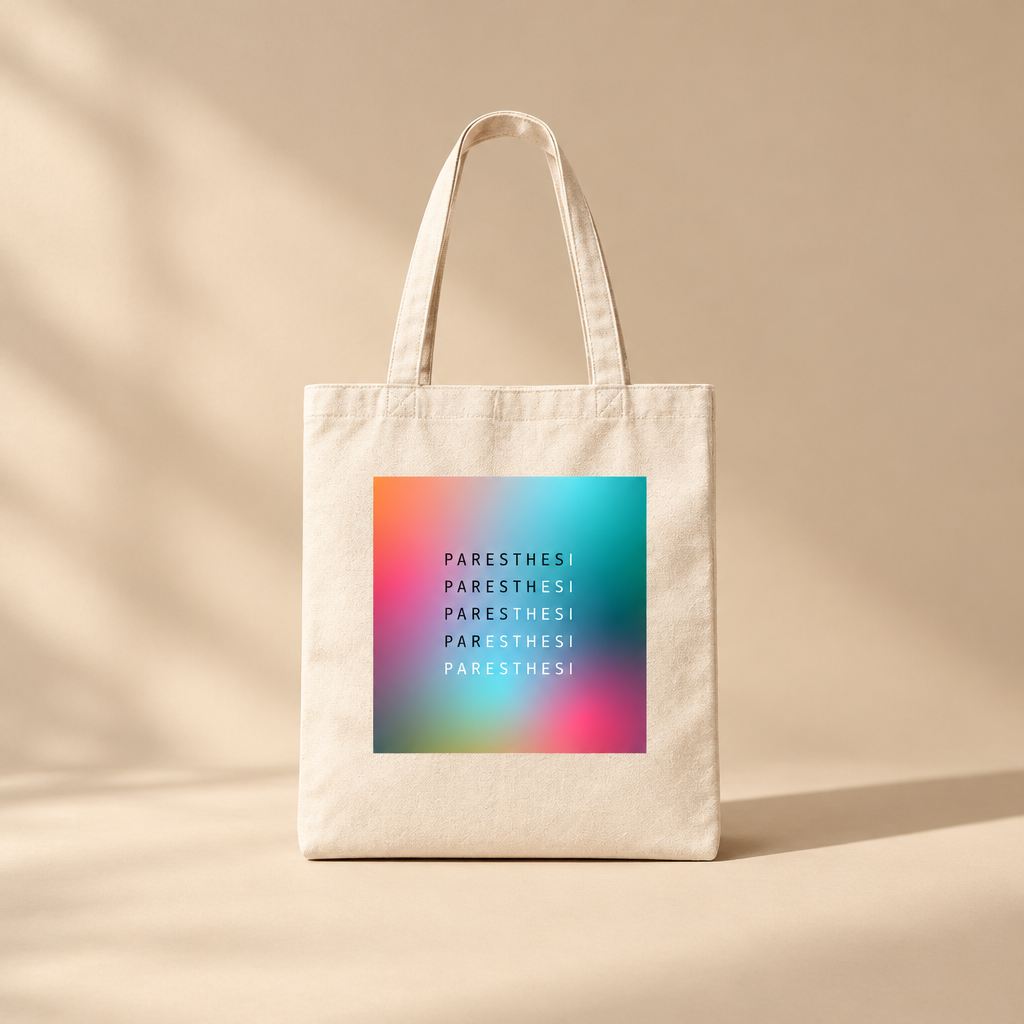 A natural canvas tote bag with dual shoulder straps, featuring a square graphic print on the front with a colorful gradient background and the words 'PARESTHESI' repeated in black and white text.