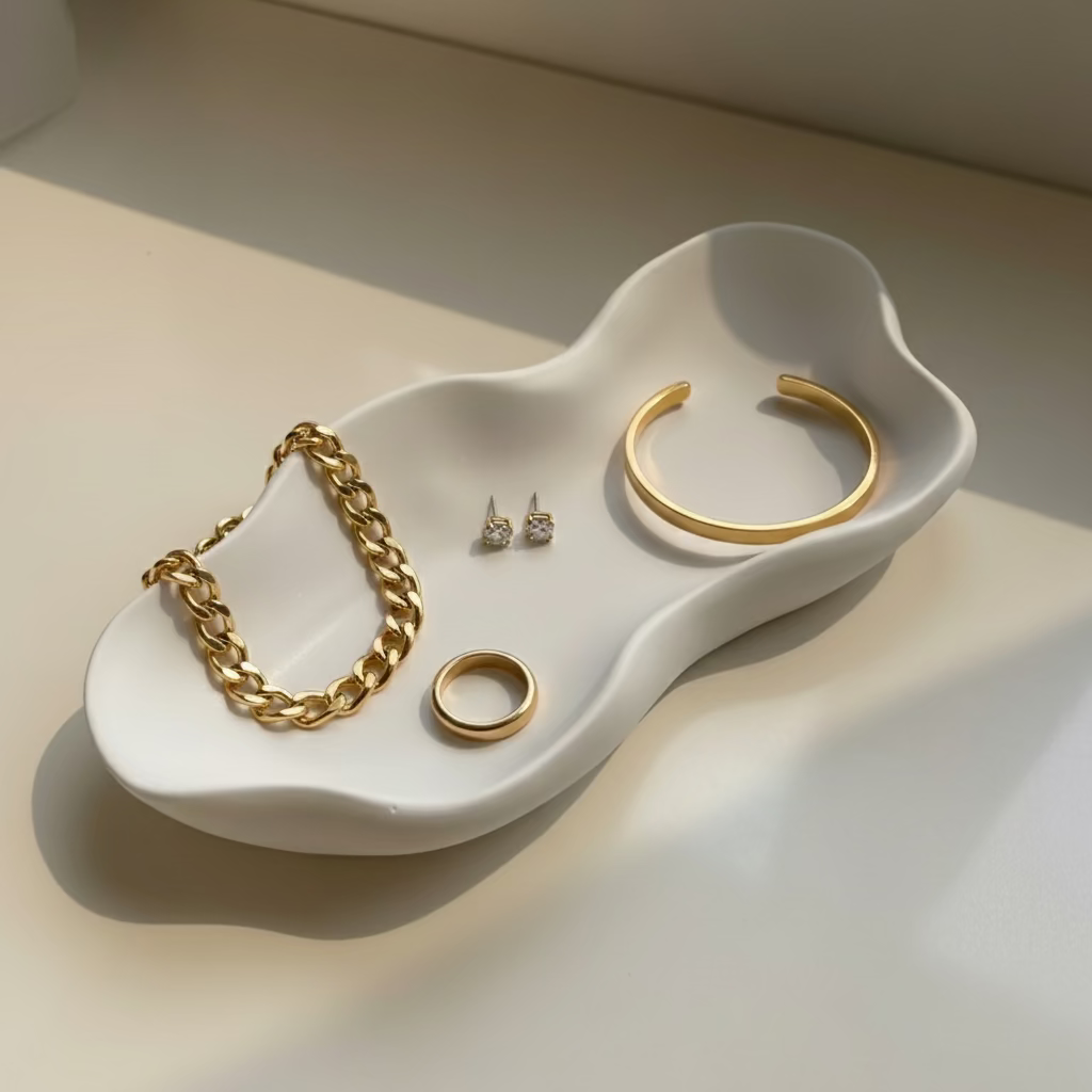 Gold jewelry including a chain, rings, and earrings on a white porcelain dish.