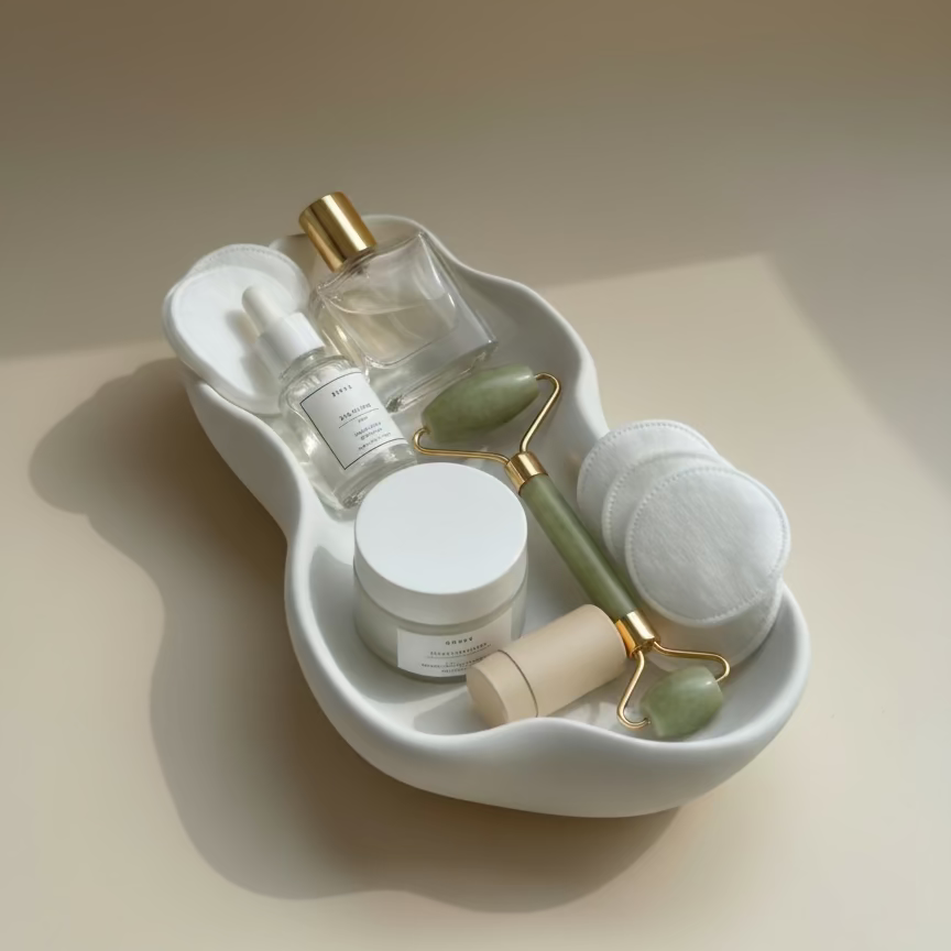 White ceramic dish with skincare products on a beige surface