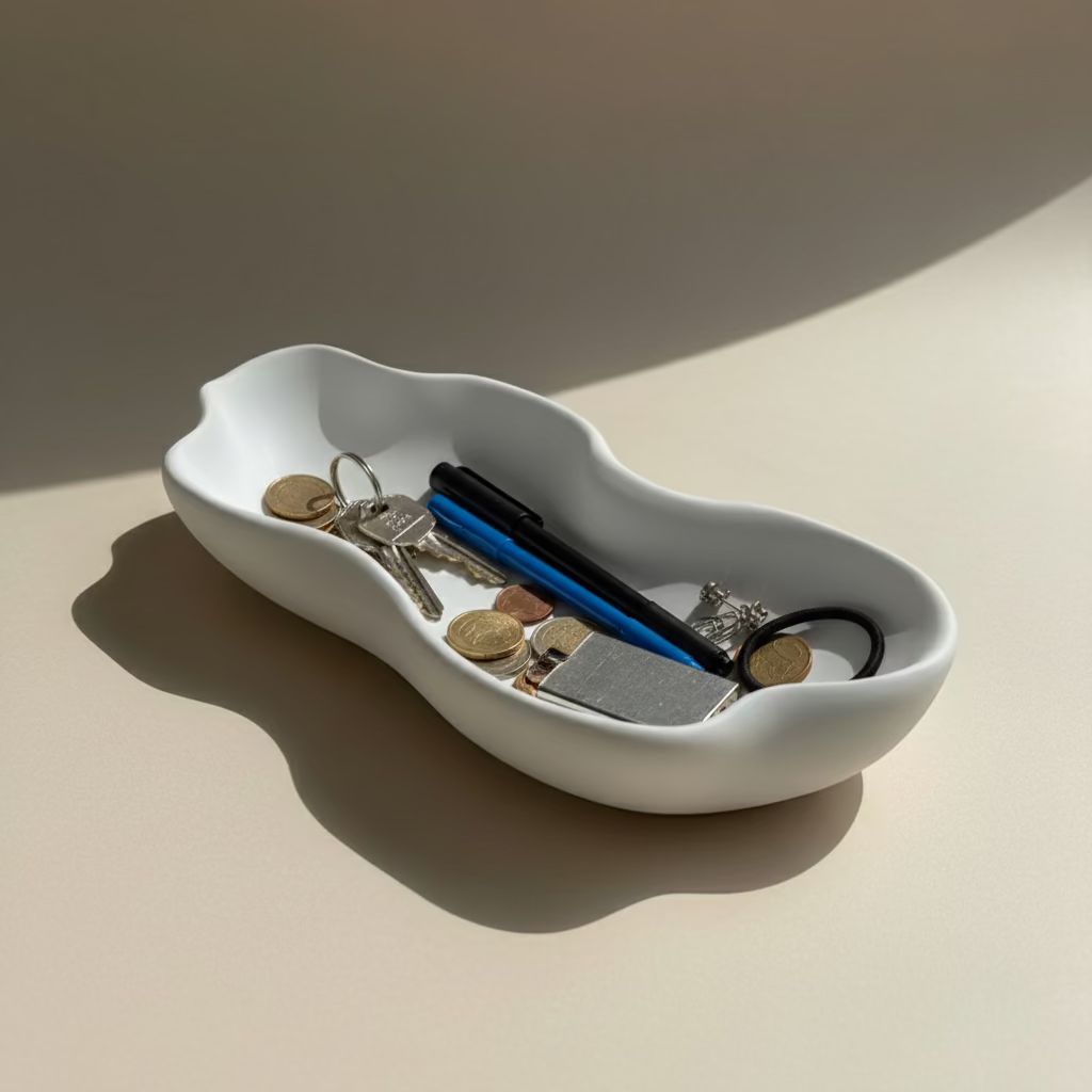 White ceramic tray with keys, coins, and a pen on a beige surface