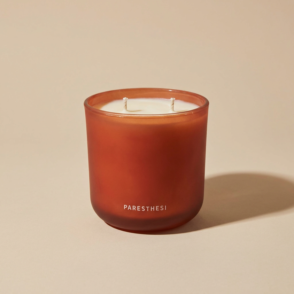 A two-wick scented candle in a frosted terracotta glass jar with the brand name 'PARESTHESI' printed in white near the bottom, set against a solid beige background.