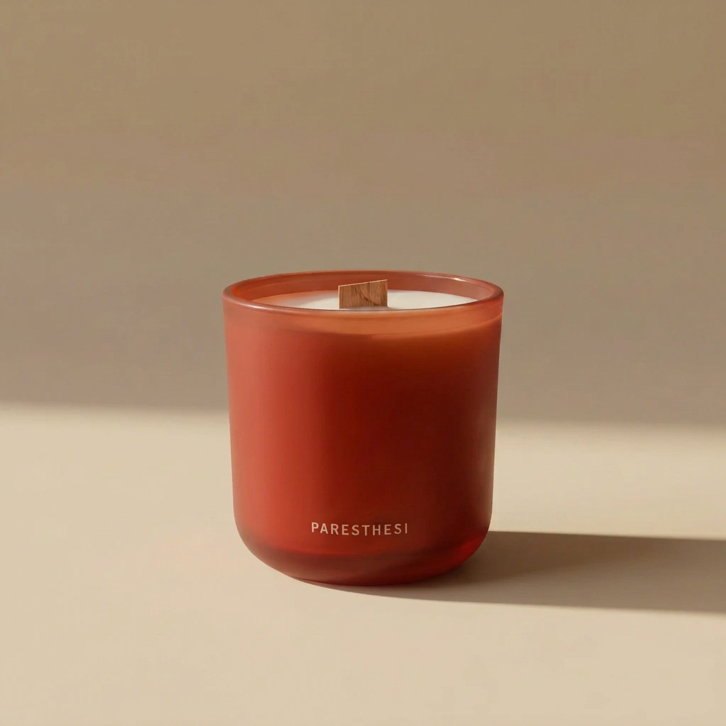 A scented candle in a frosted terracotta glass jar with a wooden wick and the brand name 'PARESTHESI' printed in white near the base, set against a warm beige background with soft shadows.