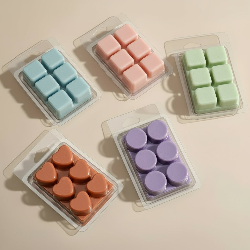Set of wax melts in various shapes and colors on a light surface.