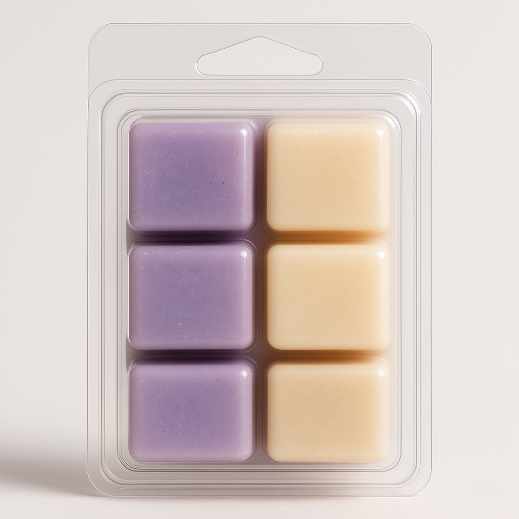 Pack of six purple and beige wax melts in a clear plastic packaging on a white background