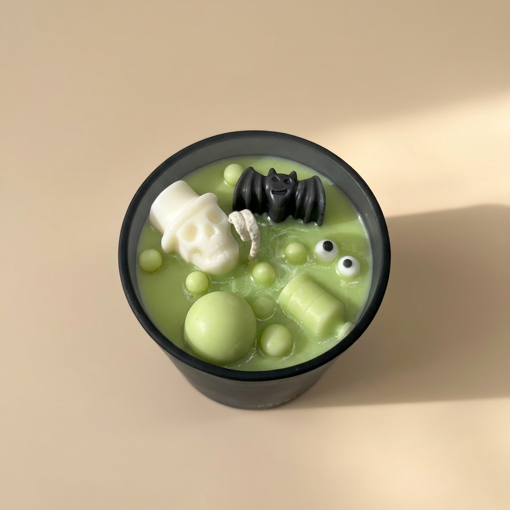 Wicked Potion Halloween scented candle 270g in a gray frosted glass vessel, featuring green wax decorated with a bat, skull, and tiny eyeballs.