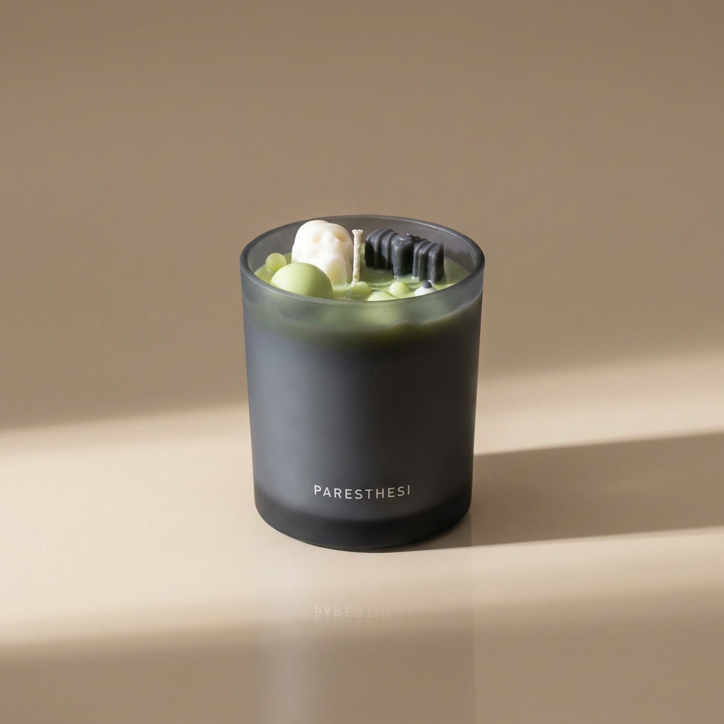 A frosted dark gray glass candle jar with the brand name 'PARESTHESI' printed in white near the bottom. The candle is filled with light green wax, like poison, and topped with decorative elements, including a white shell and a black bat, set against a warm beige background with soft shadows.