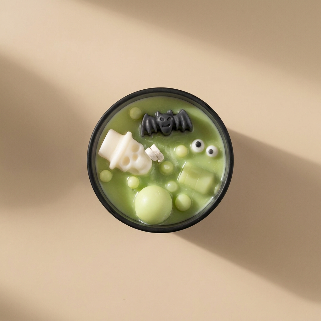 A top-down view of a round dark gray container filled with a pale green candle and Halloween-themed decorations, including a bat, skull, poison, and googly eyes, on a beige background.