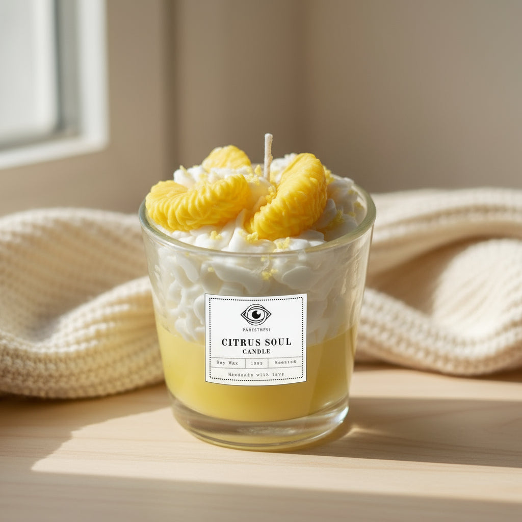 Candle with lemon slices and whipped cream in a glass jar on a white surface.