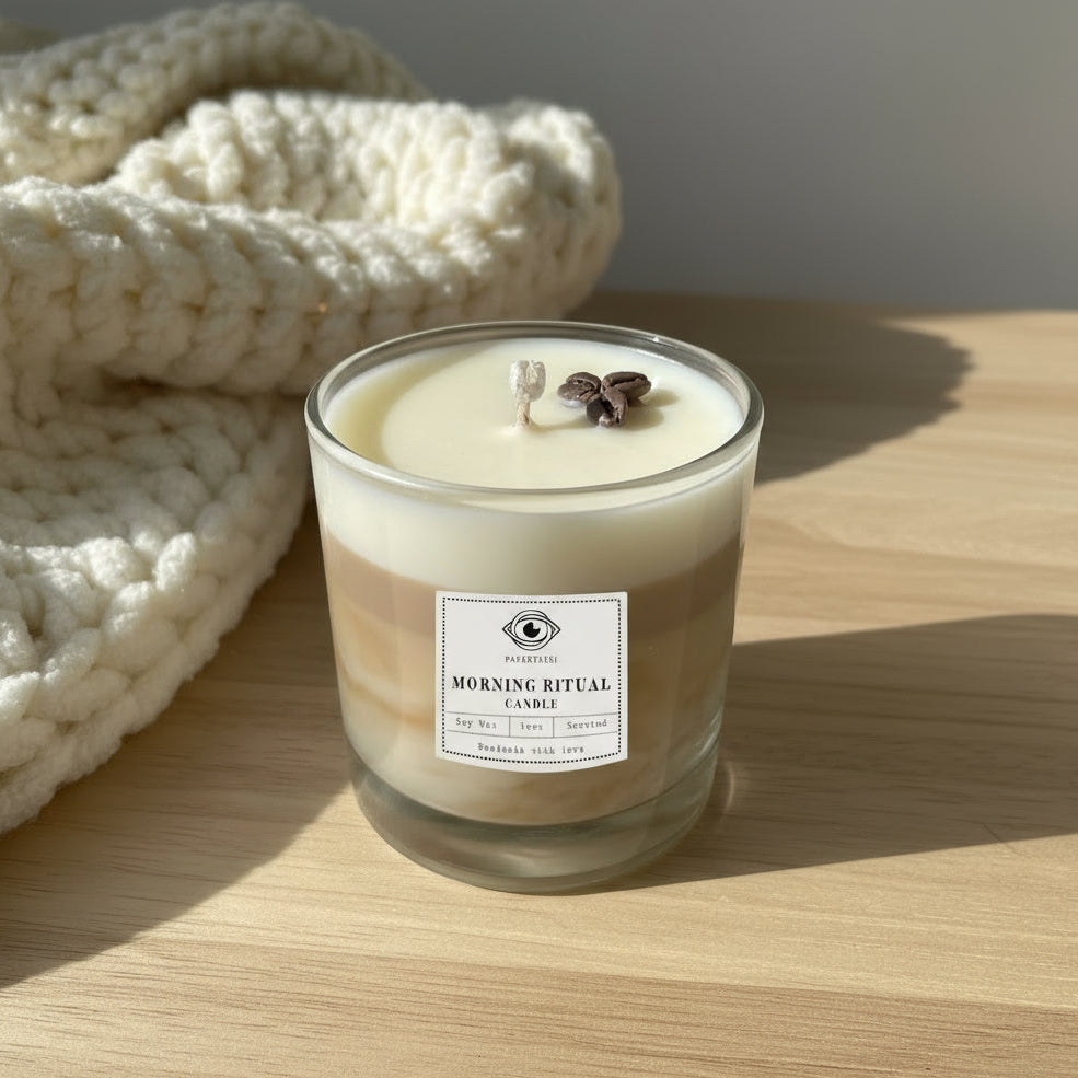 Candle with a label on a white surface and gray background