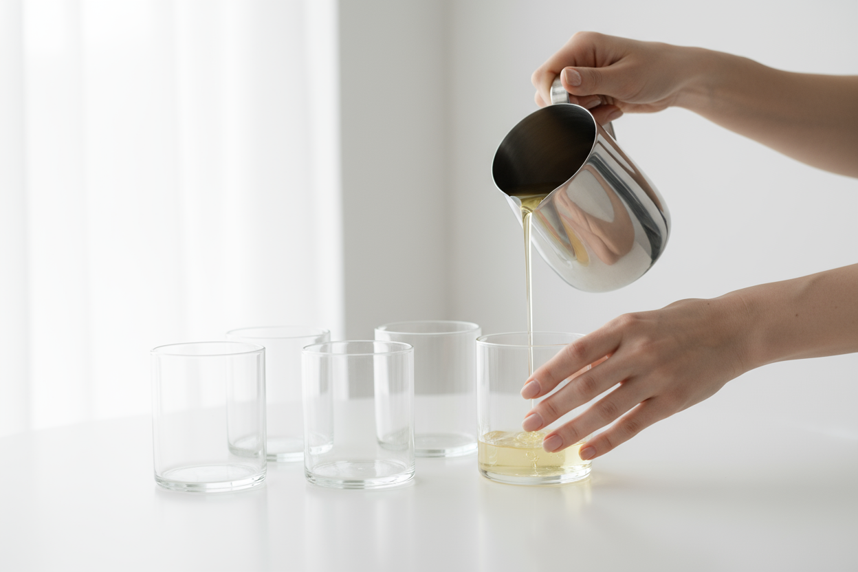 realistic picture: womens hands fill candle jars in minimalistic bright scene 